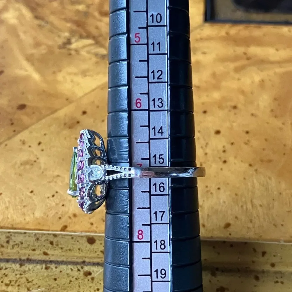 Natural Peridot Garnet Sterling Silver Ring Size 7
